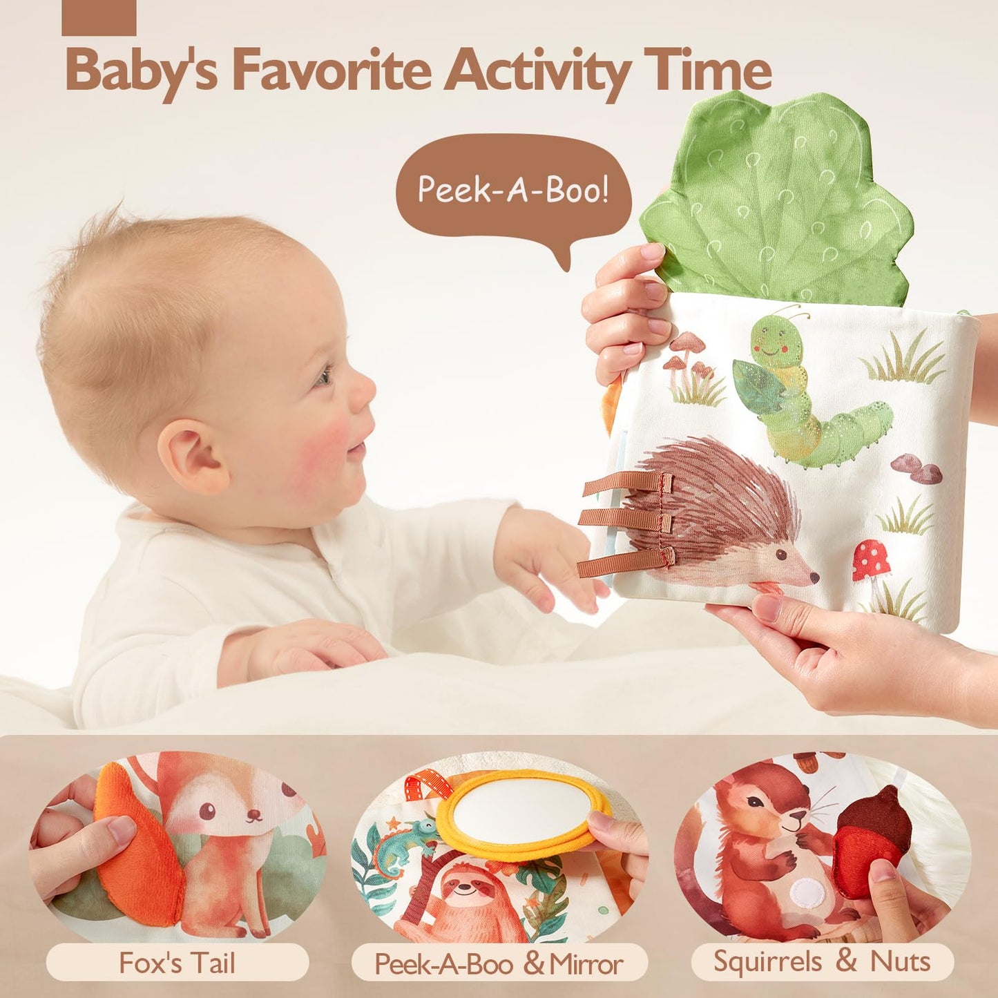 Baby playing with Hahaland sensory book during tummy time