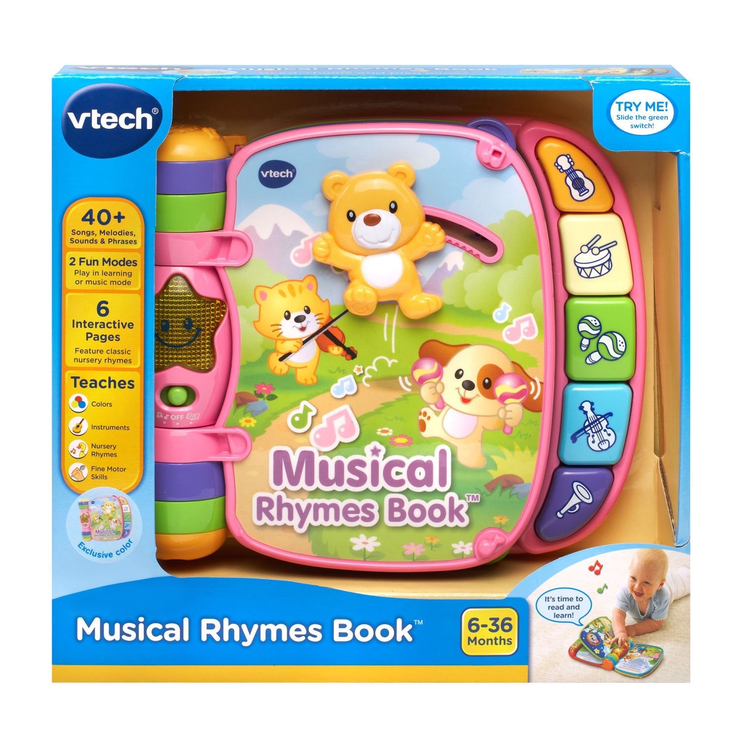 Child playing with VTech Musical Rhymes Book Pink interactive storybook.