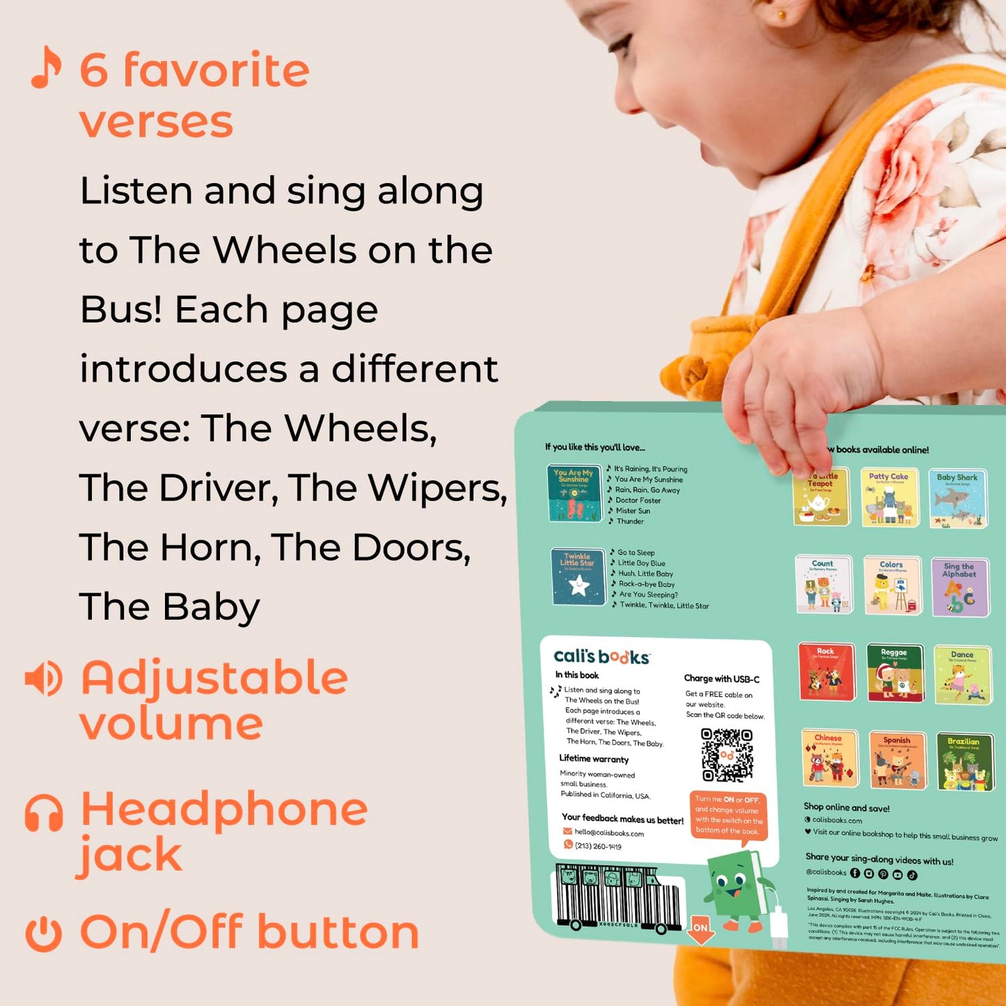 Back cover of Cali's Books sound book with USB-C port