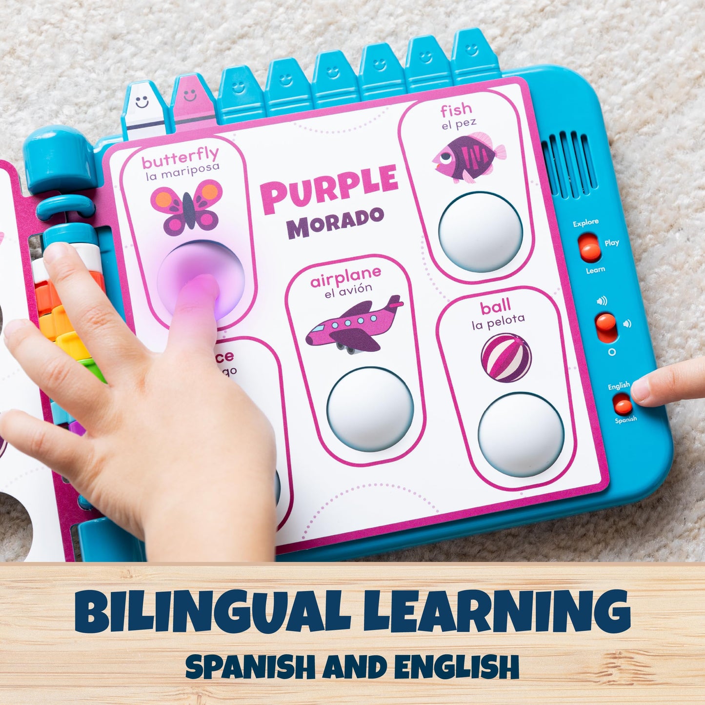 Bilingual English and Spanish buttons on Pop It book