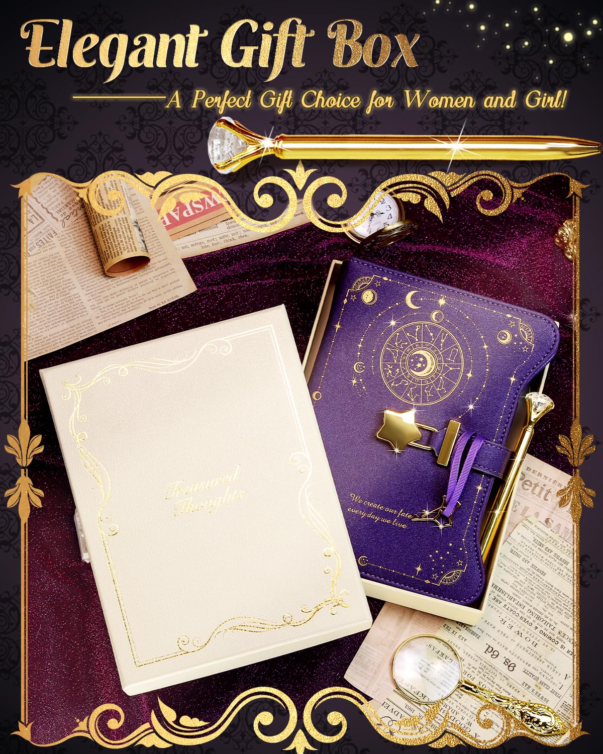 Close up of star shaped golden lock and keys on purple journal