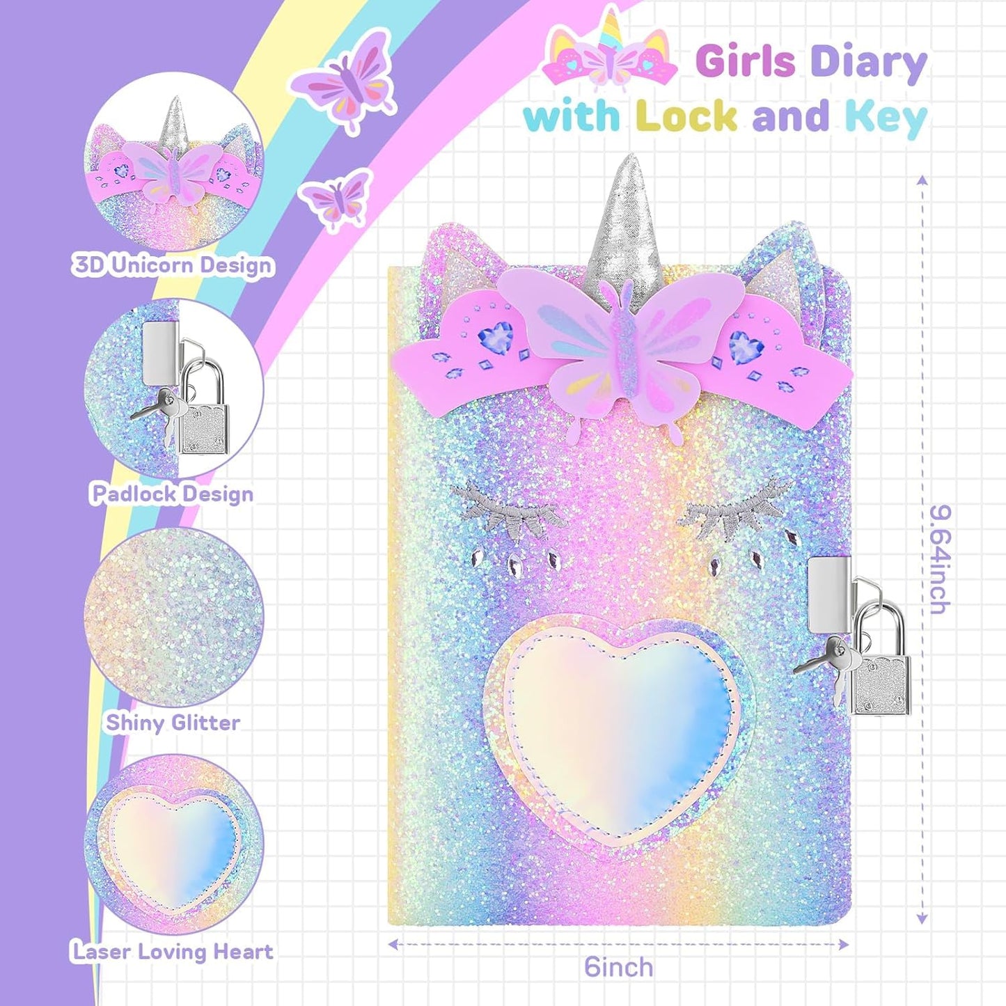 Open unicorn diary with 160 lined pages for writing