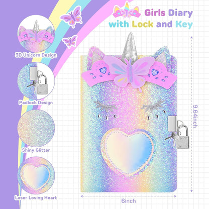 Open unicorn diary with 160 lined pages for writing