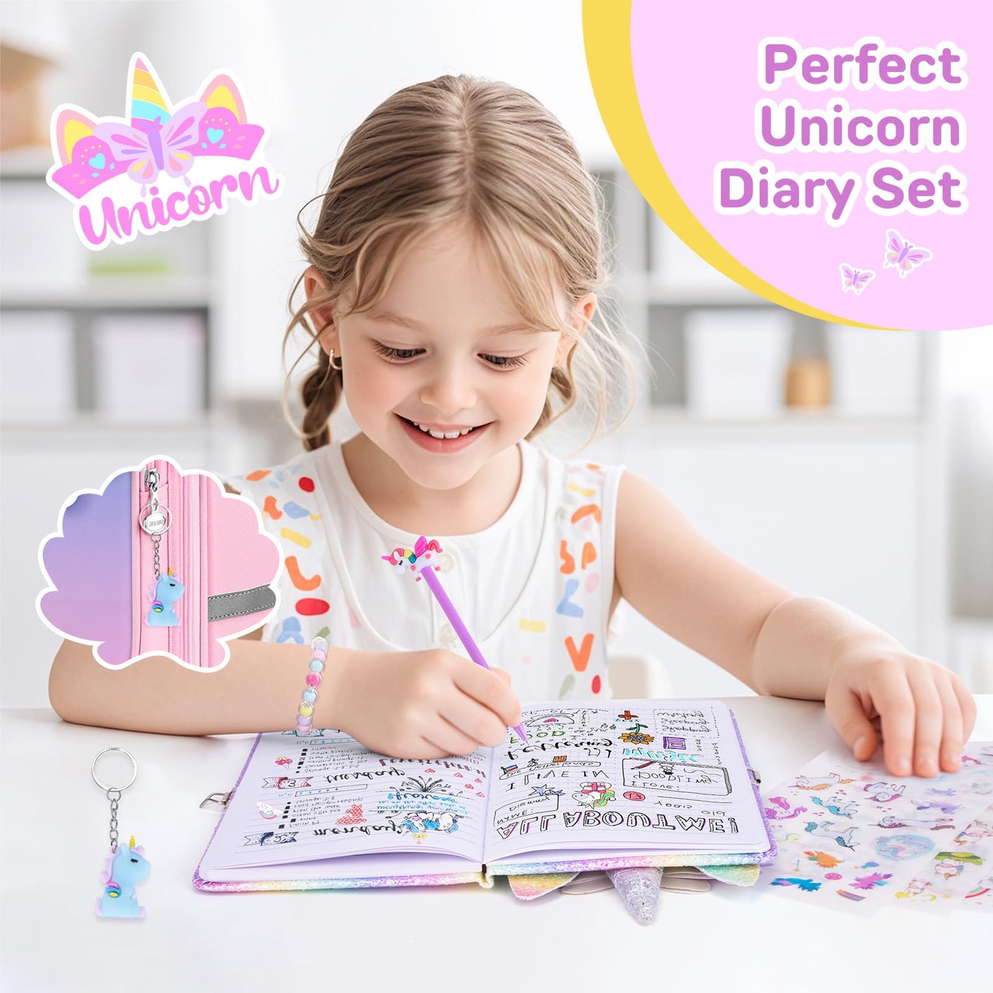 Close up of 3D unicorn embroidery and glitter detail on diary
