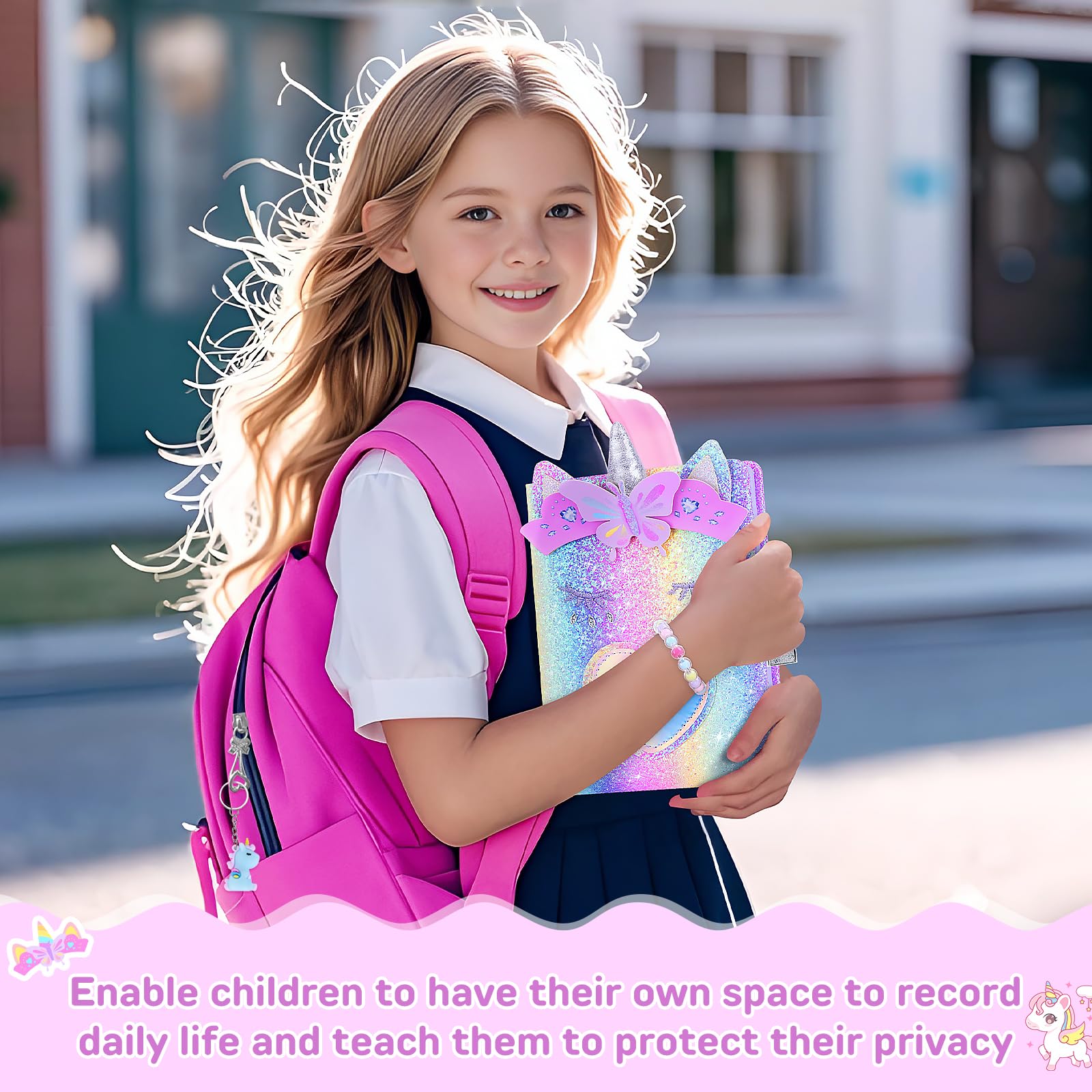 Unicorn diary set with keys and accessory details