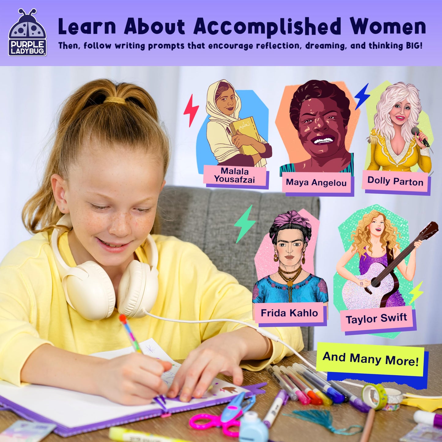 Close up of Rebel Girls diary pages with writing prompts