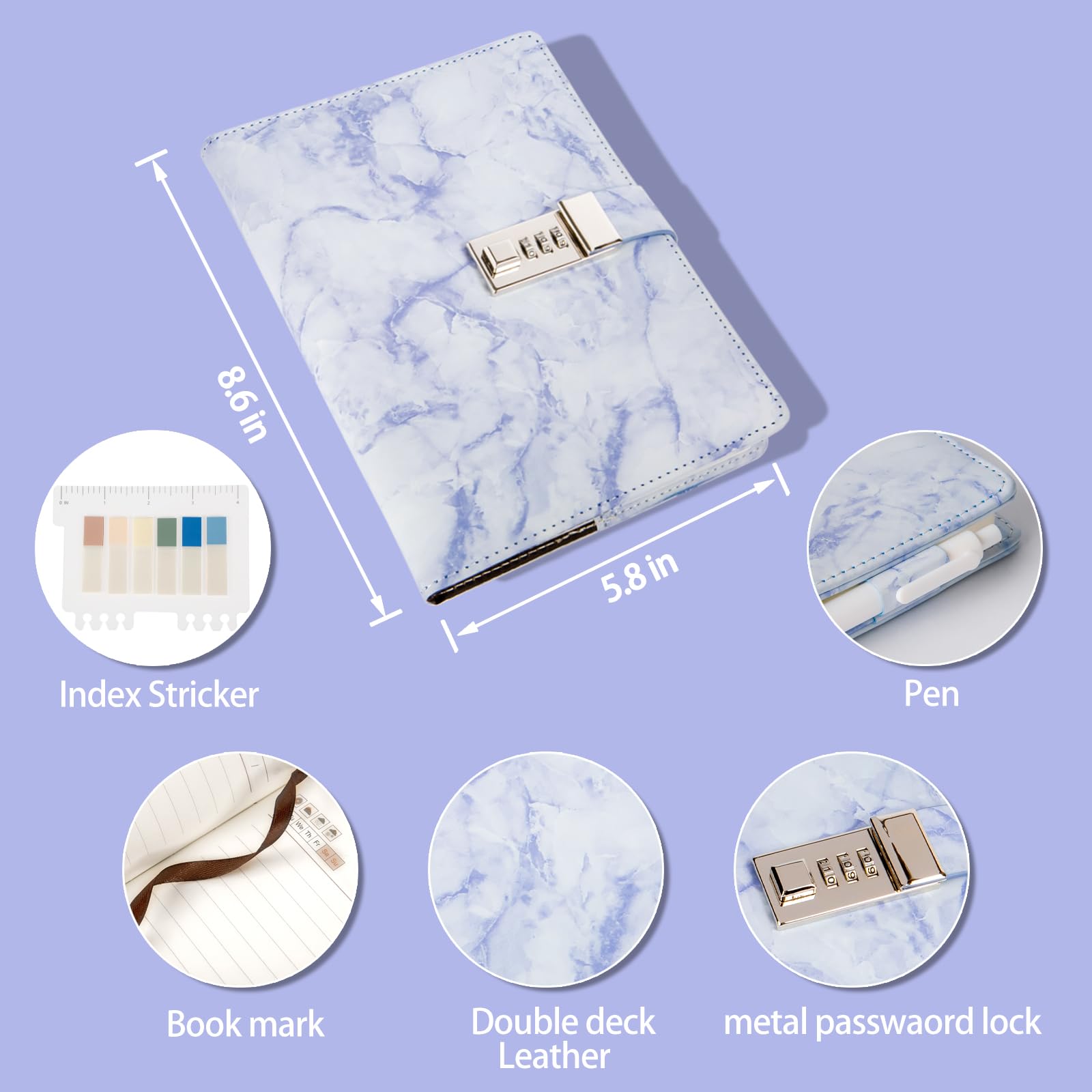 Open view of 192 college ruled pages in A5 marble diary