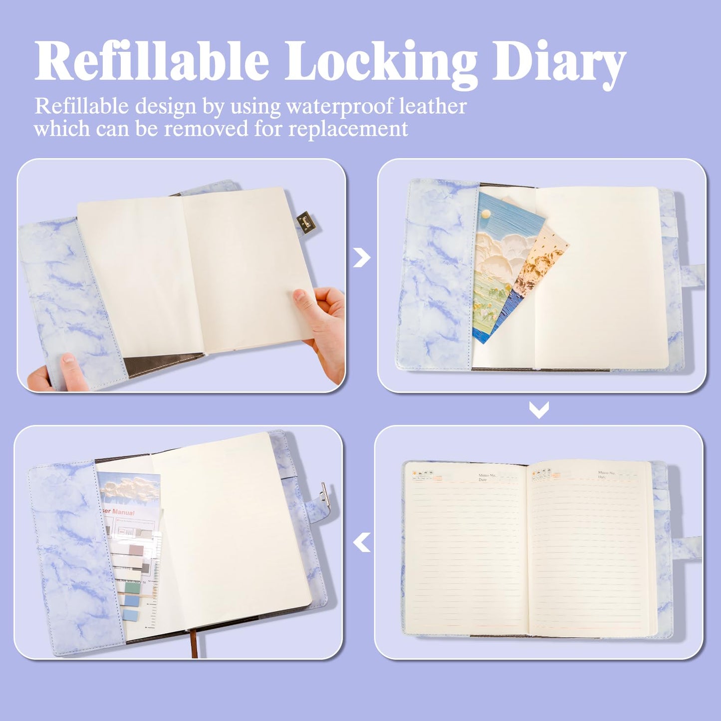 Side profile of marble diary with leather pen holder
