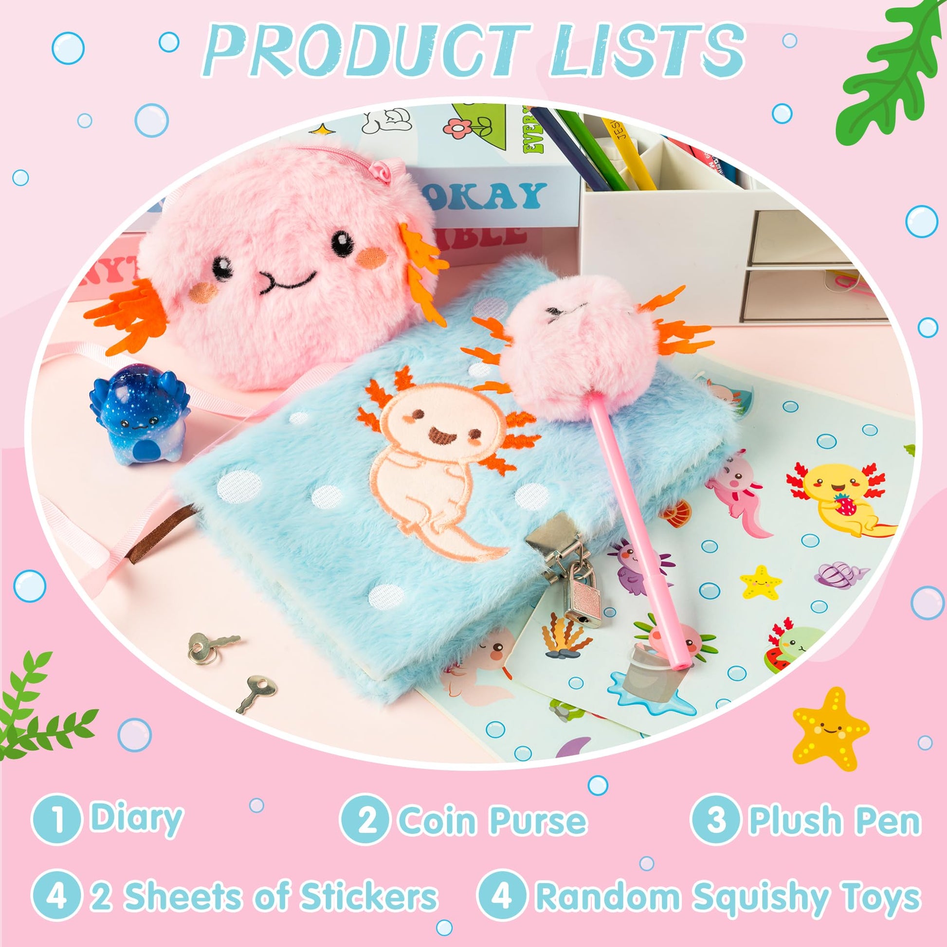 Close up of axolotl plush cover on secret diary