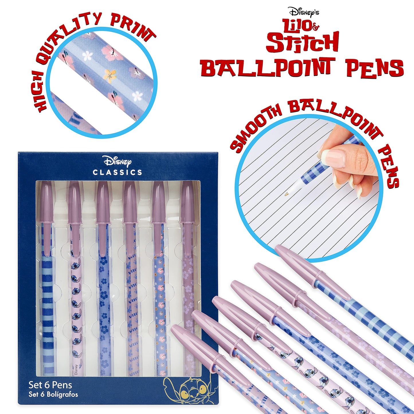 Close up of Disney Stitch ballpoint pens and coloring pencils.