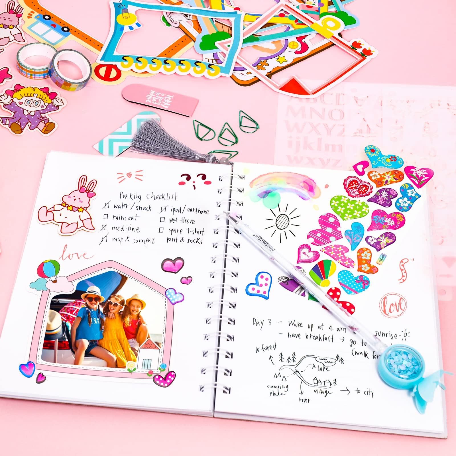 Girl using Arulis scrapbook kit with colorful decorative stickers