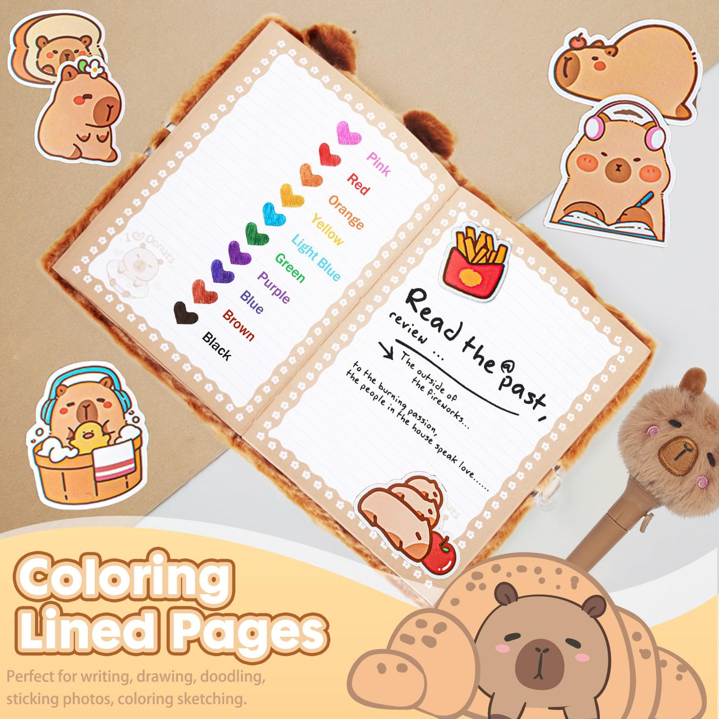 Young girl using Yoytoo capybara diary and plush toy