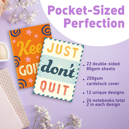 Stack of 24 colorful inspirational mini journals for kids