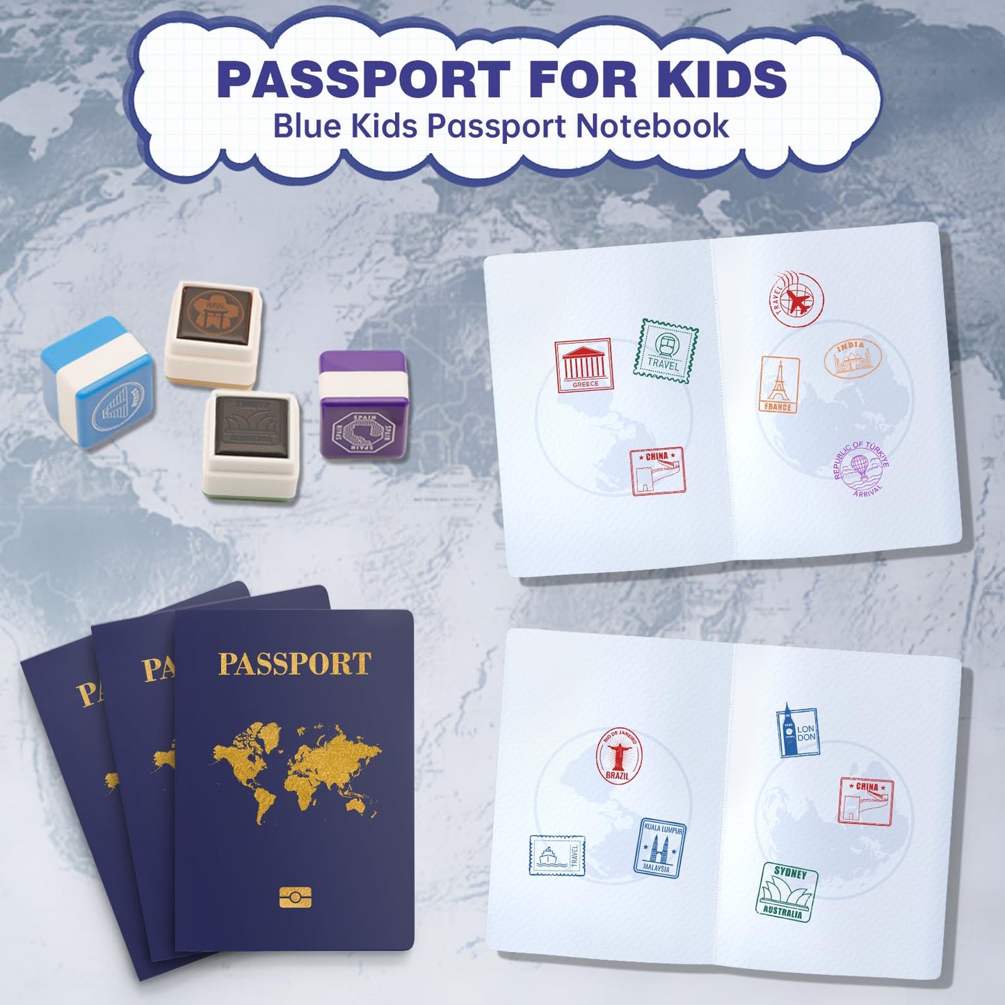 Kids passport book interior page with space for personal information