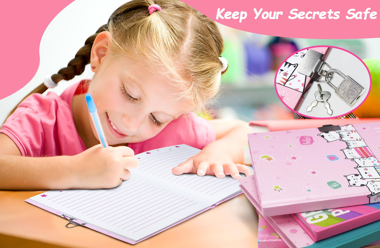 Childrens pink cat journal with padlock and keys