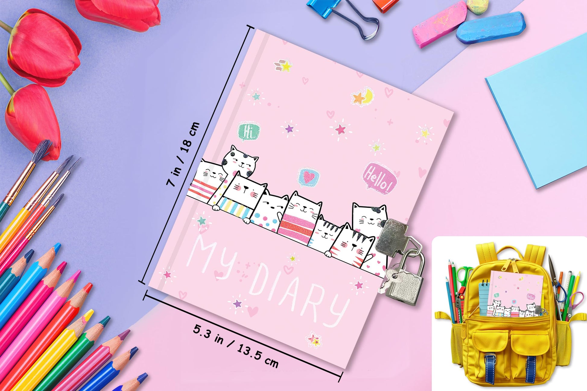 Open view of 160 lined pages in cat themed diary