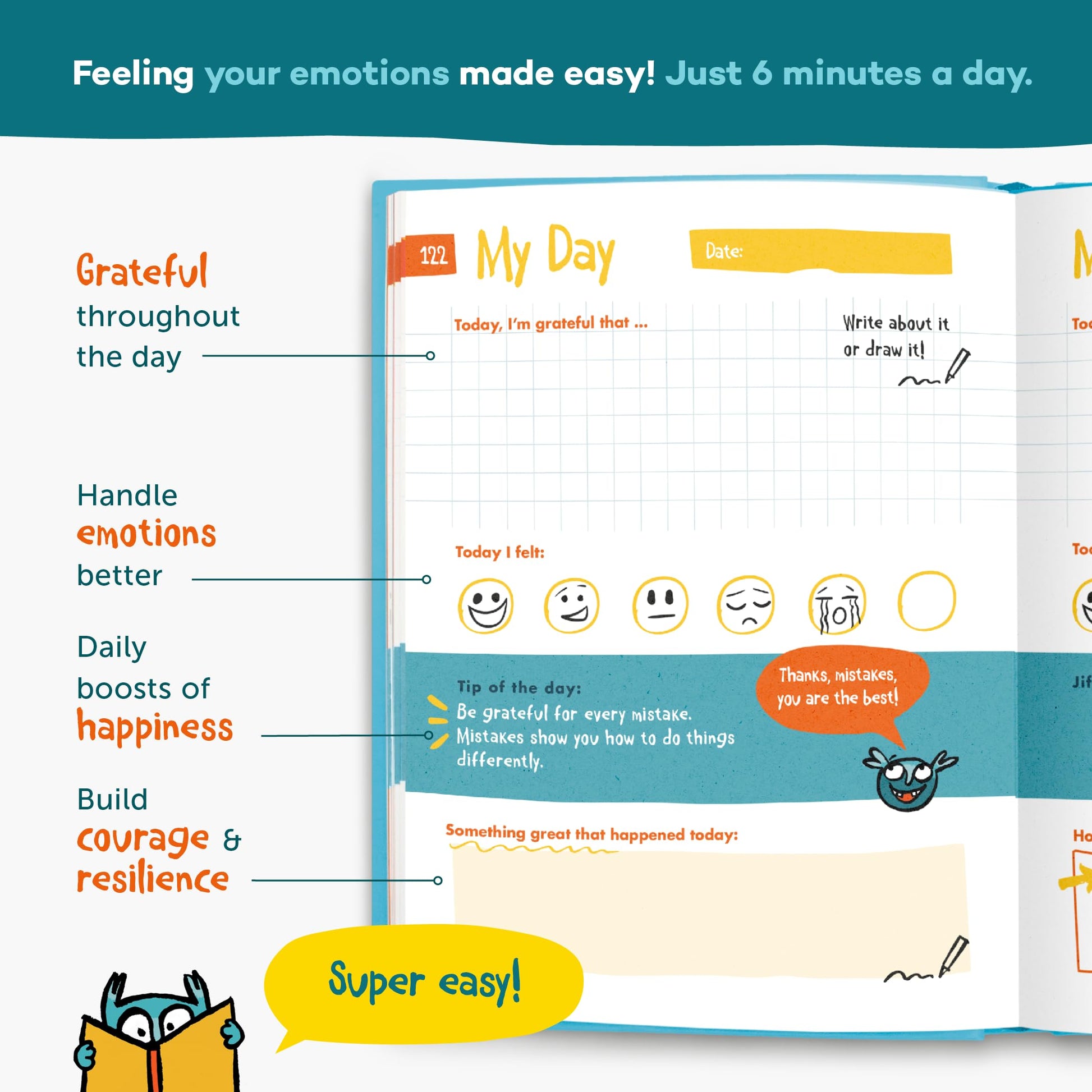 Open pages of the UrBestSelf 6-Minute Kids Diary showing writing prompts.