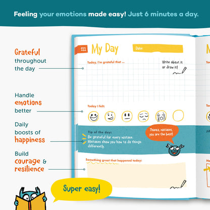 Open pages of the UrBestSelf 6-Minute Kids Diary showing writing prompts.