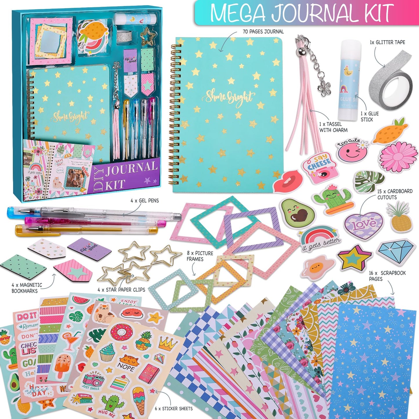 Bearun spiral notebook with teal star pattern and accessories