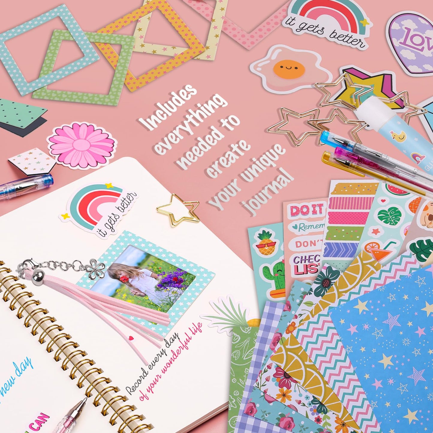 Selection of colourful gel pens and stickers for scrapbooking
