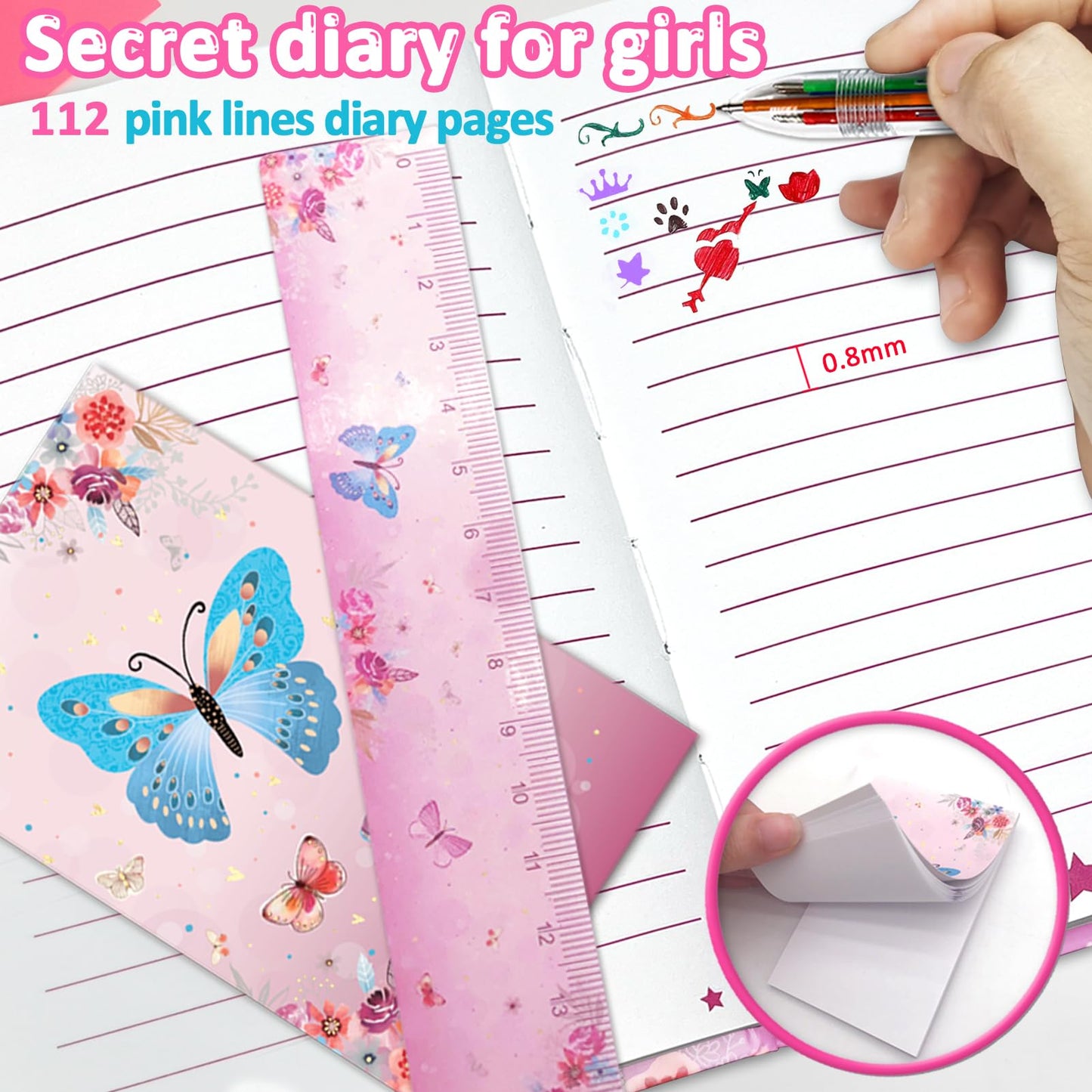 Open butterfly design diary with padlock and keys