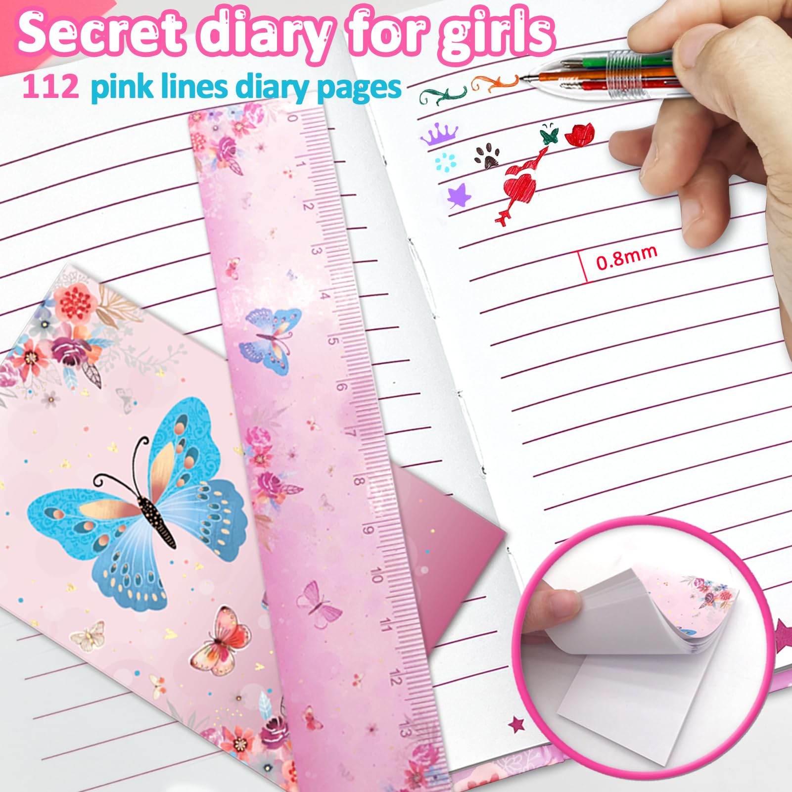 Open butterfly design diary with padlock and keys