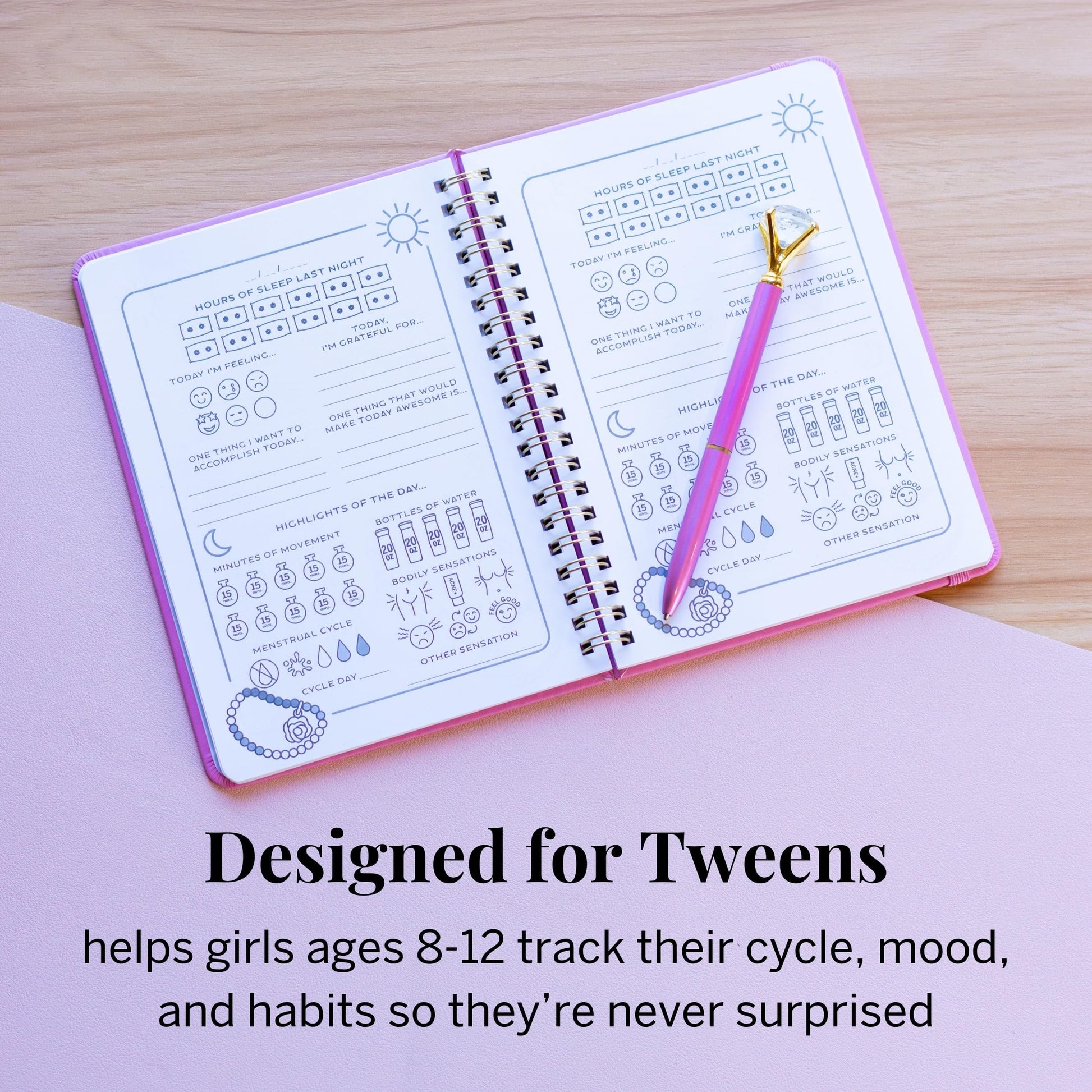 Inside pages of Pixie Cup menstrual tracker journal showing cycle logs