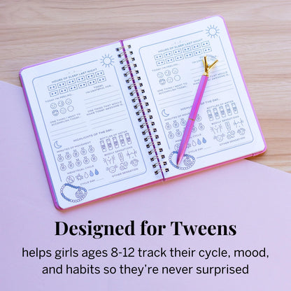 Inside pages of Pixie Cup menstrual tracker journal showing cycle logs
