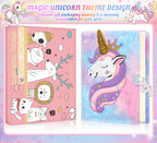 Open plush unicorn journal showing lined paper pages
