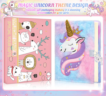 Open plush unicorn journal showing lined paper pages
