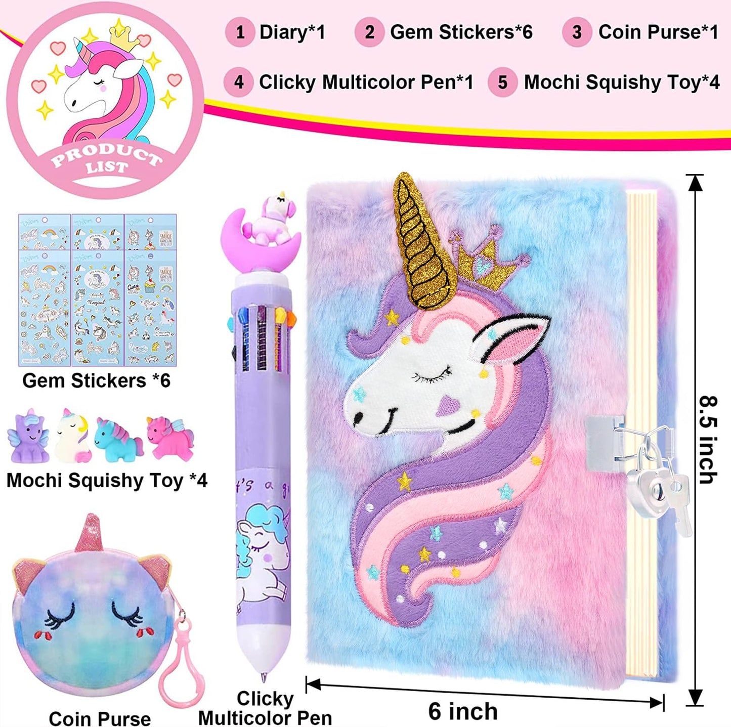 Unicorn diary set with plush purse and accessories