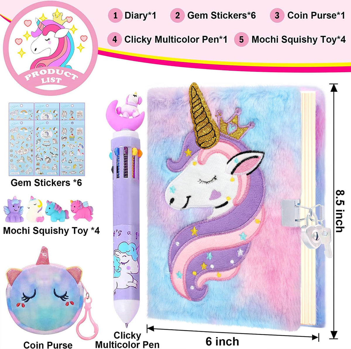 Unicorn diary set with plush purse and accessories