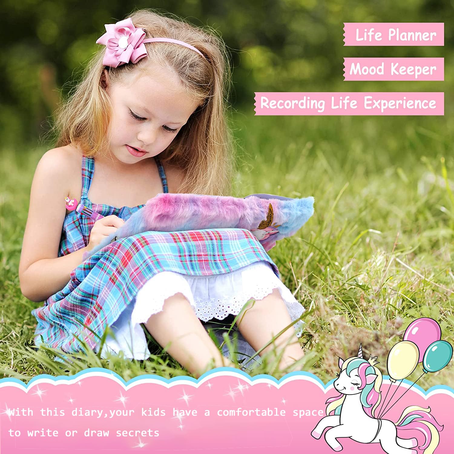 Child using multi-color pen in unicorn diary