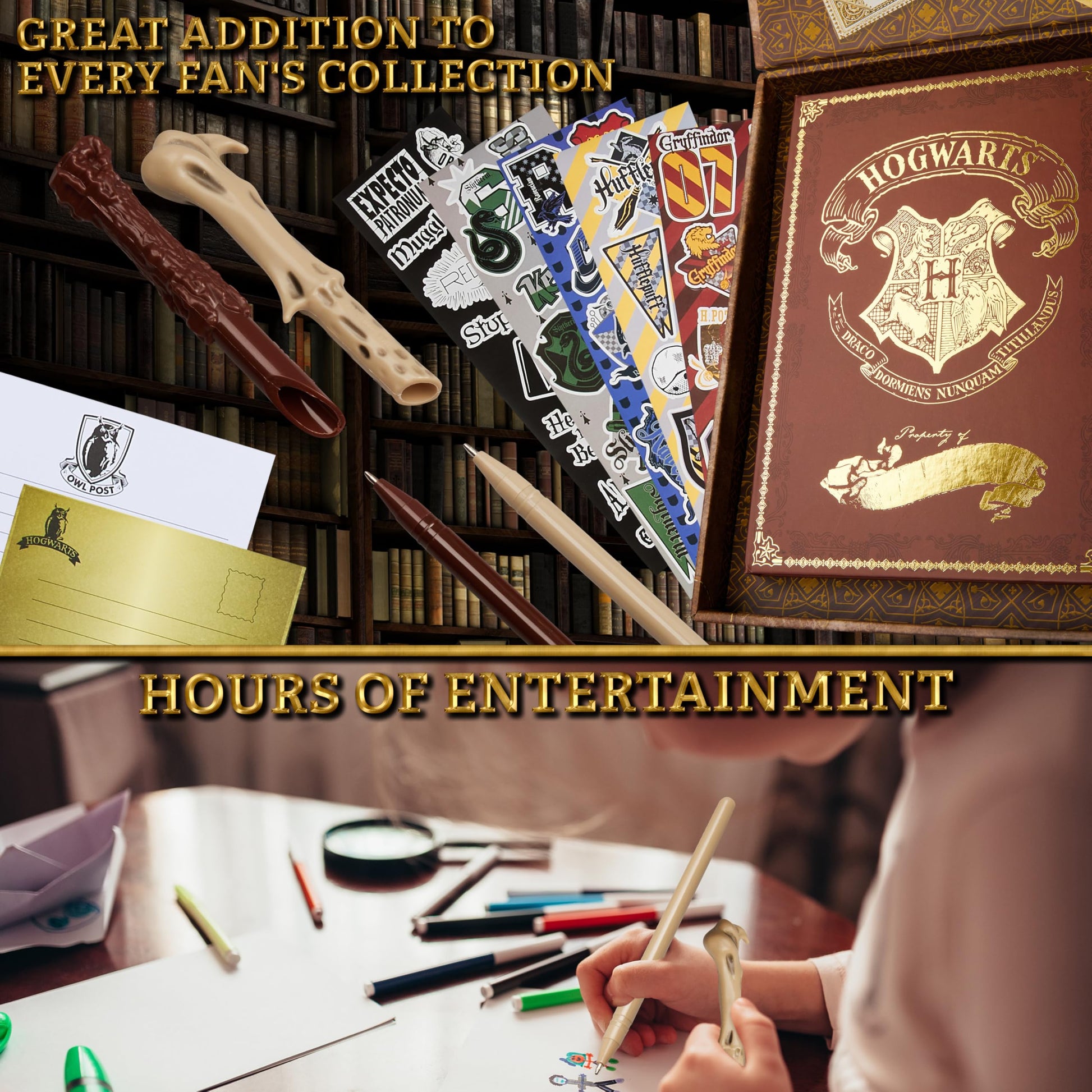 Harry and Voldemort wand pens included in Hogwarts stationery set