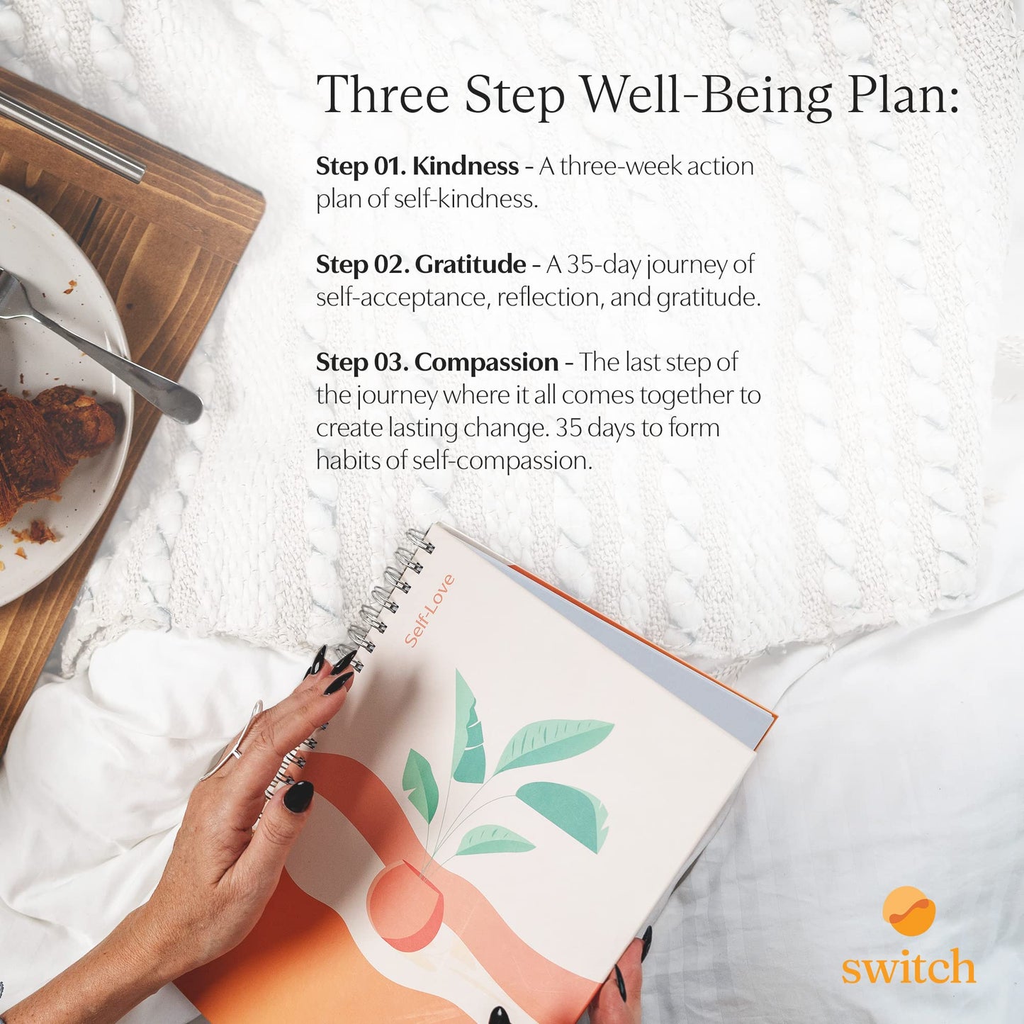 Switch Research mindfulness journal branding and spine detail