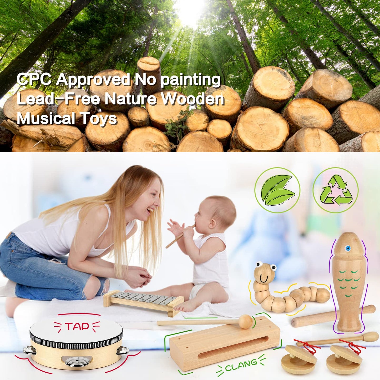 KAQINU toddler wooden xylophone and tambourine displayed on a clean play mat