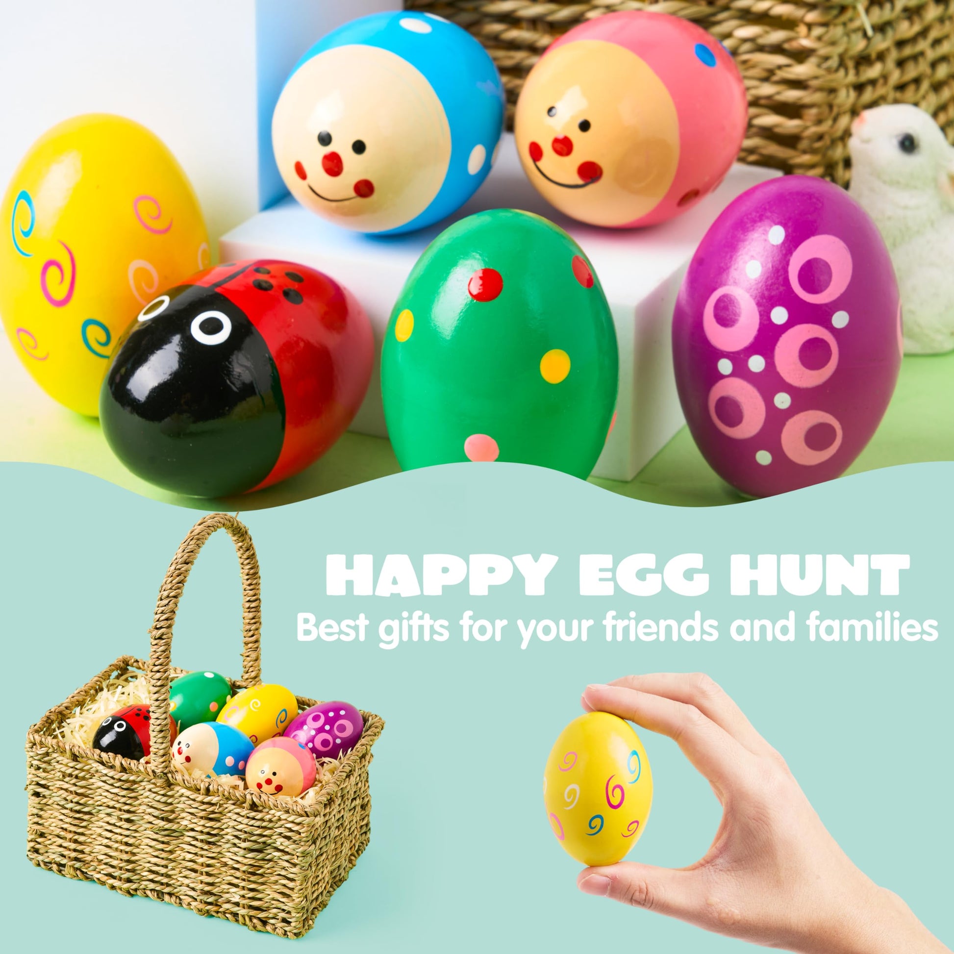 Six piece pack of premium imported toddler rhythm training wooden eggs on a clean background