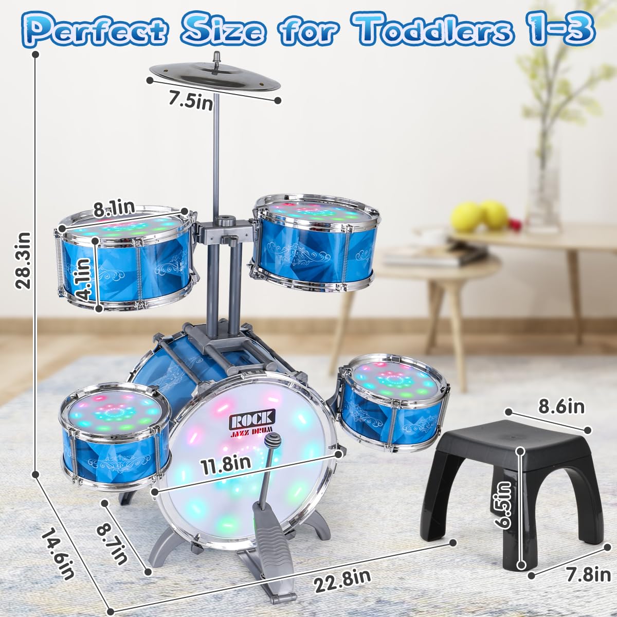 Captain Chaowing toddler drum kit close up highlighting the vibration controlled flashing LED lights