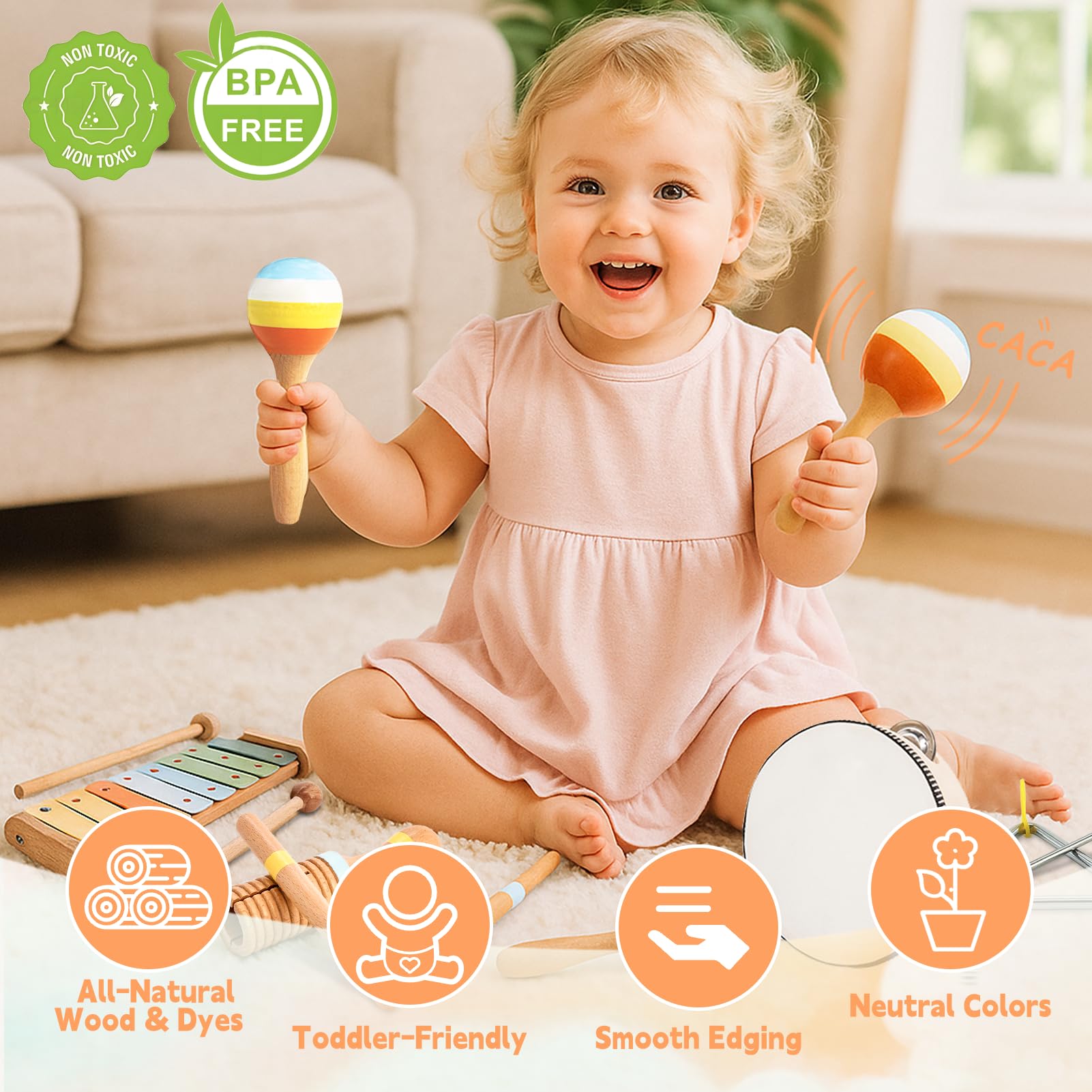Joomlafly eight piece toddler music set with safe non toxic maracas close up