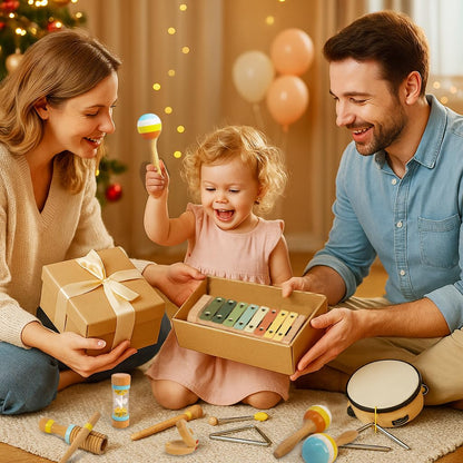 Joomlafly natural wood toddler drum and percussion kit overhead angle