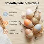Close up showing the smooth texture and non toxic paint detail of the two by three inch wooden shakers