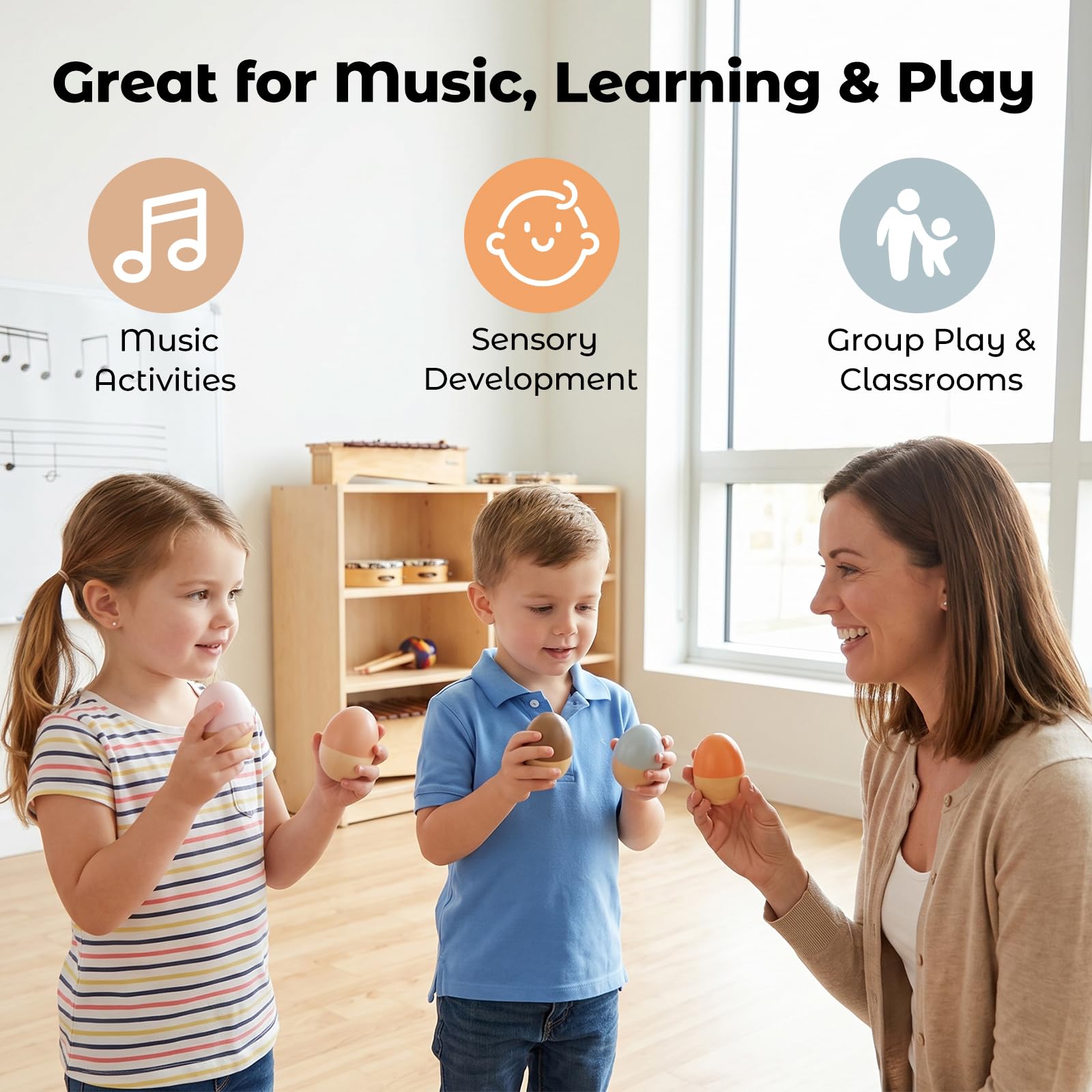 Five pieces of early childhood development percussion maracas showcasing different vibrant patterns