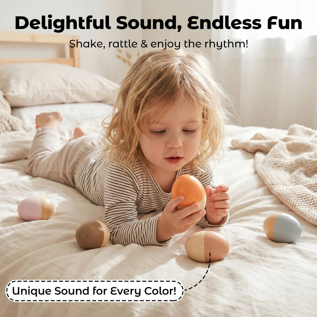 Authentic WoodenEdu wooden egg shakers packaged set highlighting the premium FSC certified construction