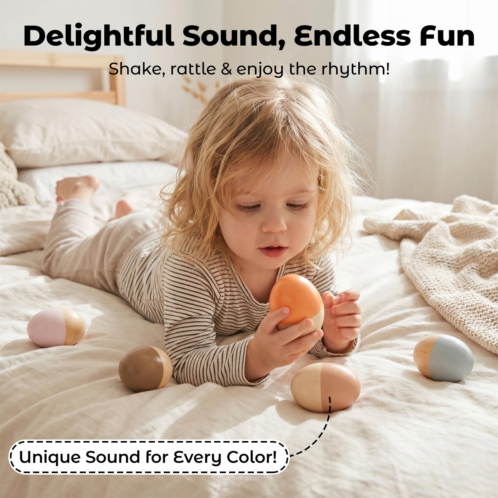 Authentic WoodenEdu wooden egg shakers packaged set highlighting the premium FSC certified construction