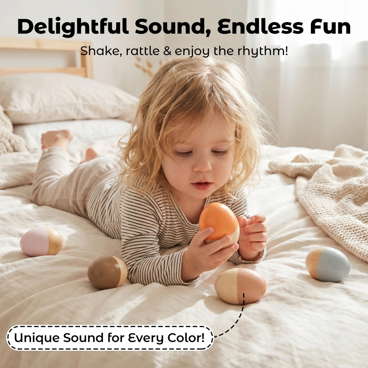 Authentic WoodenEdu wooden egg shakers packaged set highlighting the premium FSC certified construction