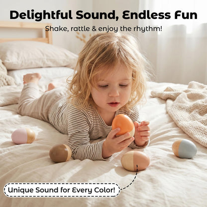 Authentic WoodenEdu wooden egg shakers packaged set highlighting the premium FSC certified construction