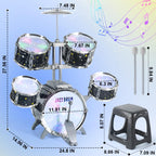 Upgraded jazz drum kit for toddlers highlighting the integrated color vibration control lights on the star themed drum heads.