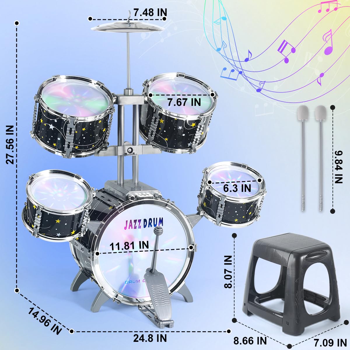 Upgraded jazz drum kit for toddlers highlighting the integrated color vibration control lights on the star themed drum heads.