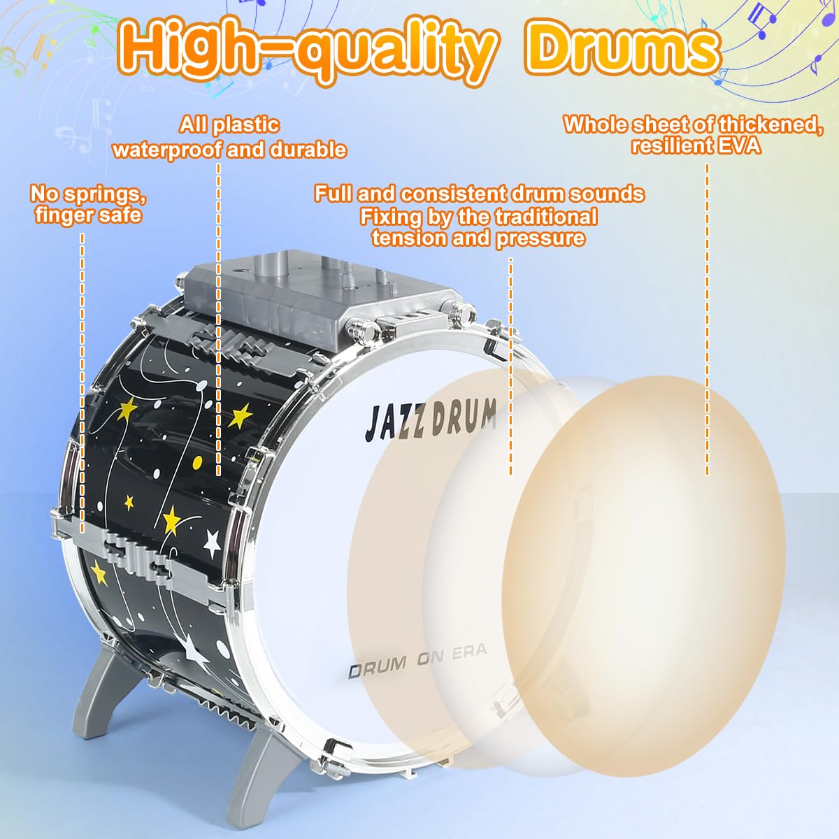Side angle view of the durable EVA material drum surfaces and foot pedal assembly for toddler musical learning.
