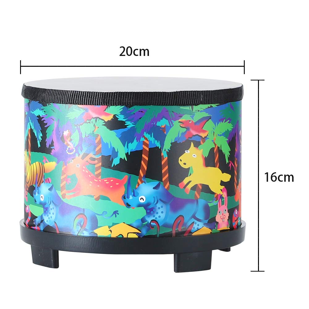 Close up view of the durable wooden body and high quality plastic drum head on the Ubblove kids drum.